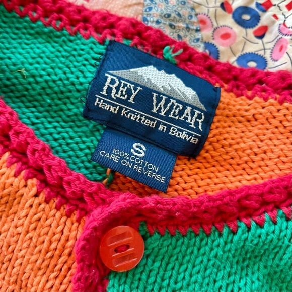 Vintage 90s Rey Wear Hand-Knitted Floral Patchwork Cardigan – 100% Cotton - Picture 3 of 7